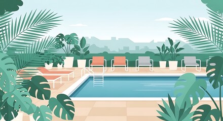 Tranquil poolside retreat illustration with refreshing turquoise water and abundant tropical vegetation under bright