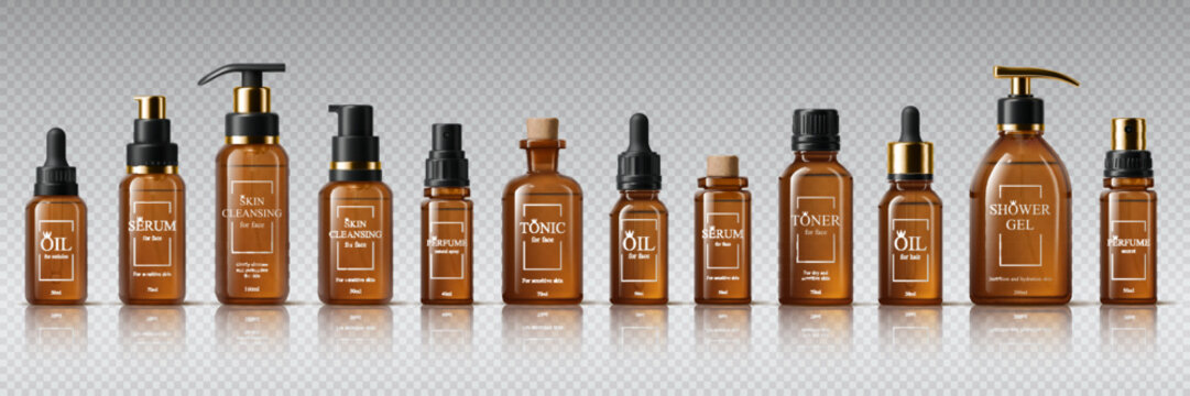 Realistic amber glass cosmetic bottles mockups, pump lid or dropper caps of cosmetic cream, serum and lotion, oil and shower gel. 3d vector containers with labels for skincare and beauty products
