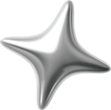 Silver metallic 3d metal star or spark realistic symbol. Silver star realistic form, shiny metal balloon render isolated vector element. Chrome metallic spark shape or glossy gradient metal 3d figure