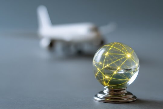 Visualize global air travel connections with this glowing network globe and airplane model, perfect for illustrating international business and worldwide logistics