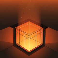 Geometric box emitting light with abstract design elements and warm tones
