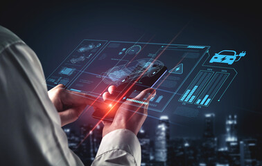 Technical layout of electric vehicle showing battery system, power control, traction motor, charging interface, and integration with renewable and smart energy sources Vouch