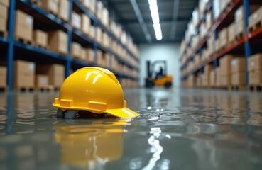 Hardhat floats in warehouse flooded floor. Carton boxes sit on shelves. Forklift vehicle stands blurred in background. Disaster struck industrial building due to rain flood. Insurance incident from