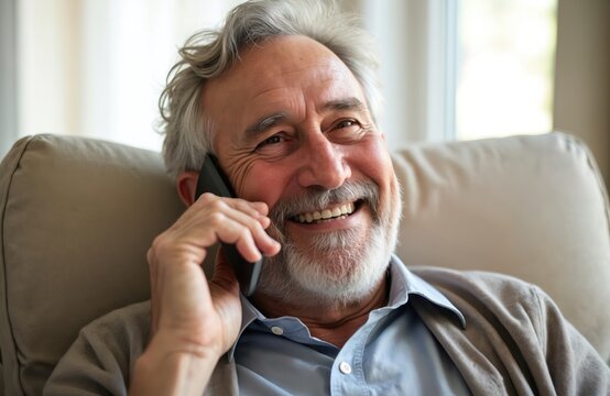 Smiling older man talks on phone at home. Happy senior male chats with family. Elderly man enjoys phone call. Grandfather uses smartphone to communicate and connect with loved ones.