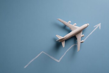 Skyrocketing Travel Demand: Elegant airplane model soars above upward trend line on soothing blue backdrop, perfect for illustrating growth, recovery, and optimism
