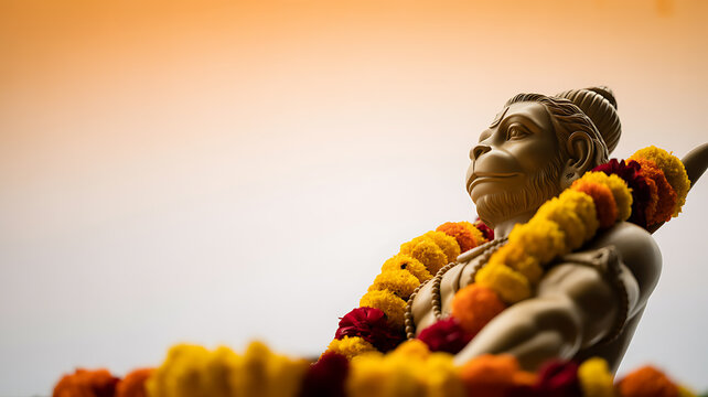 Statue of a monkey deity adorned with marigold garlands against a warm gradient background - Powered by Adobe