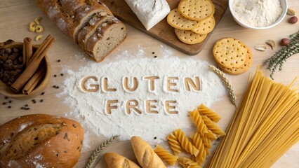 Overhead view of gluten-free food ingredients and baked goods with "Gluten Free" text in flour on wooden table