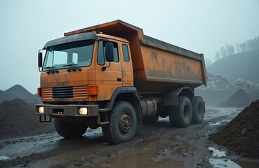 Heavy orange dump truck moves through muddy industrial site. Piles of dirt and waste surround the vehicle. The scene conveys raw industrial work and environmental concerns.