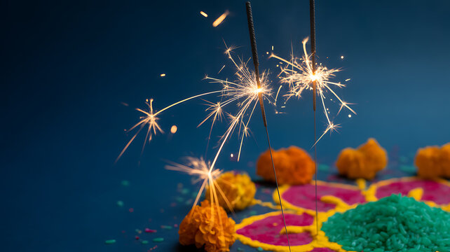 Sparklers glowing over colorful rangoli and marigold flowers on a dark background
