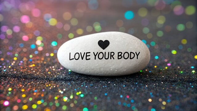 Inspirational message "Love Your Body" on white stone with heart symbol and glitter bokeh background