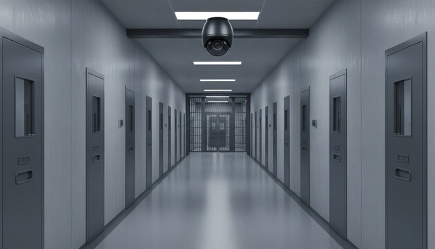 Pasillo de una prisi&oacute;n con c&aacute;mara de vigilancia CCTV en el techo: Concepto de seguridad y control penitenciario.