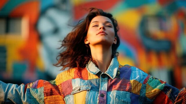 Generative AI. Young woman with flowing hair, wearing a colorful patchwork jacket, stands confidently against a vibrant mural, embodying freedom and self-expression in an urban setting