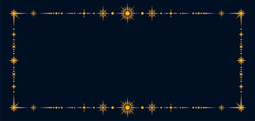 Esoteric celestial frame or magic background. Golden celestial Boho vector banner, esoteric magic border. Yellow mystic elegant frame or linear fantasy poster with star light sparks on blue background © Buch&Bee