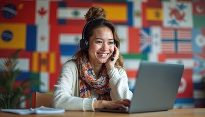 Young woman with headphones smiles working on laptop. Remote translator interpreter against backdrop of world flags. Connects with clients globally using digital tools, communication.
