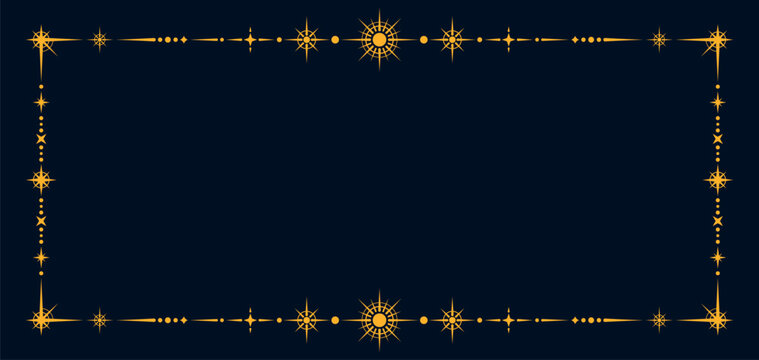 Esoteric celestial frame or magic background. Golden celestial Boho vector banner, esoteric magic border. Yellow mystic elegant frame or linear fantasy poster with star light sparks on blue background