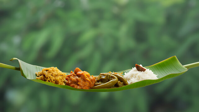 Traditional meal served on a banana leaf with rice, curry, and vegetables - Powered by Adobe