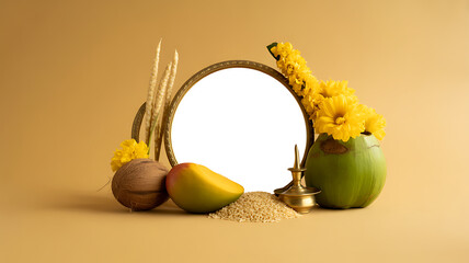 Traditional Indian festival arrangement with mango, coconut, flowers, and ceremonial items on a warm background