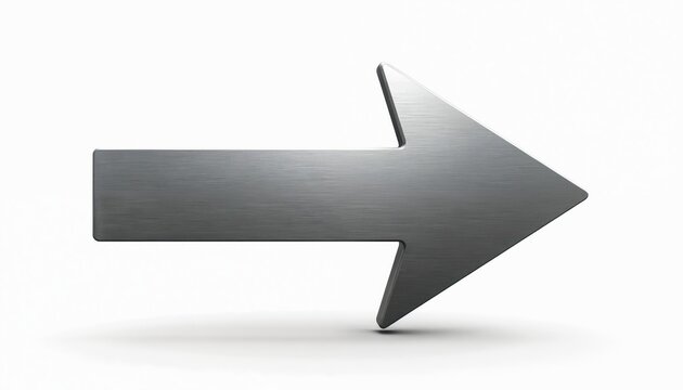 Metallic silver arrow points right on white background. Modern symbol indicates direction. Simple graphic element for forward movement or success.