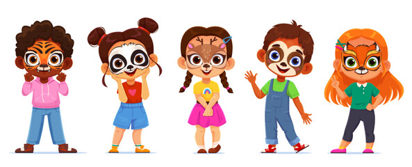 Holiday party kids with face paint masks of animals for carnival masquerade, vector cartoon characters. Funny kids, boys and girls in holiday costumes with masks painted on faces for birthday party