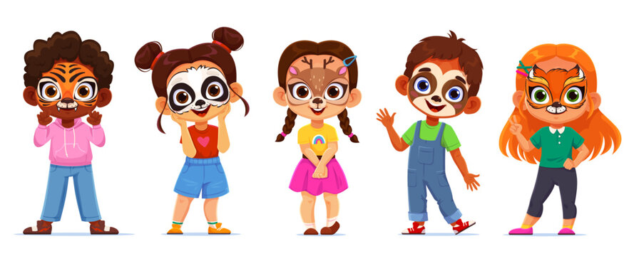 Holiday party kids with face paint masks of animals for carnival masquerade, vector cartoon characters. Funny kids, boys and girls in holiday costumes with masks painted on faces for birthday party