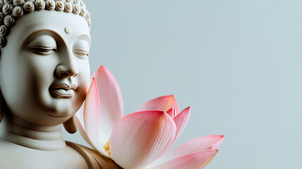 White Buddha statue with a pink lotus flower against a soft gray background