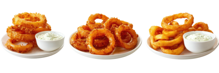 Fried onion rings with dipping sauce on white plates
