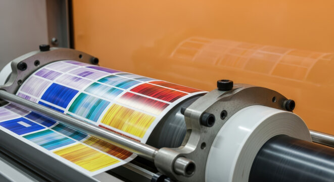 High speed roll to roll industrial printing machine producing colorful labels on continuous paper web with modern flexographic press technology in bright factory environment