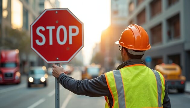 Construction worker in hard hat and safety vest holds stop sign on busy city street. Man directs traffic near construction zone. Vehicles pass by in background.