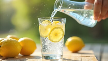 Hand pours clear sparkling water from pitcher into glass with lemon slices outdoors. Fresh lemons sit on rustic wooden table. Bubbles rise from cool fizzy liquid. Great healthy summer beverage for