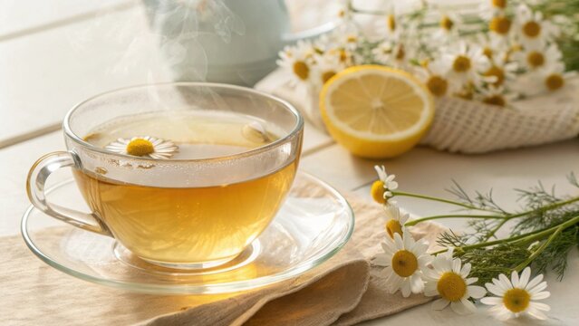 Clear Cup of Chamomile Tea with Fresh Lemon and Daisies