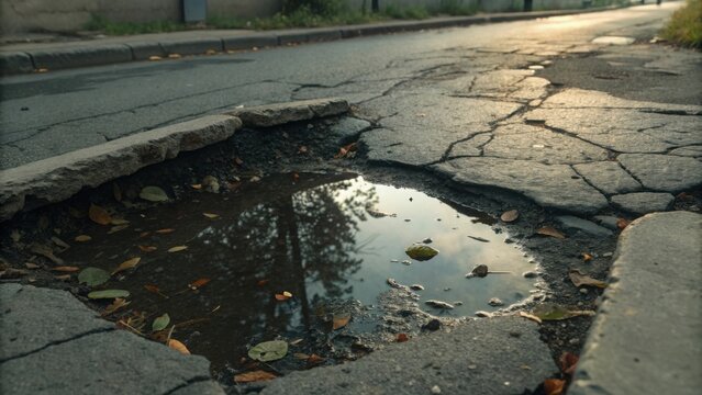 Puddle of rainwater trapped in cracked concrete on a city street