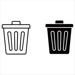 Two trash cans, one in black and white outline, isolated on white background
