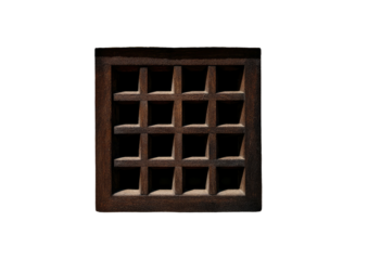 Wooden square grid with 16 openings, lit subtly
