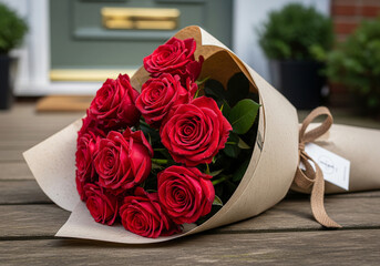 Romantic Valentine Rose Bouquet Delivery Red Petals Sustainable Wrap Biodegradable Paper Green Holiday Flower Organic Ribbon Compostable Vase Earth-Friendly Festive Bloom Plastic-Free Love Gift