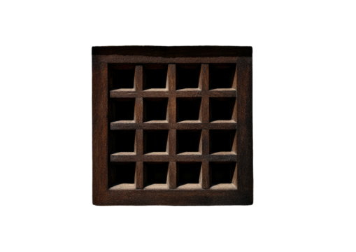 Wooden square grid with 16 openings, lit subtly