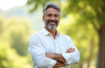 Happy mature man smiles, looks at camera outdoors. Senior adult male stands confidently with crossed arms in green park background. Positive lifestyle, casual attire, natural setting, joyful