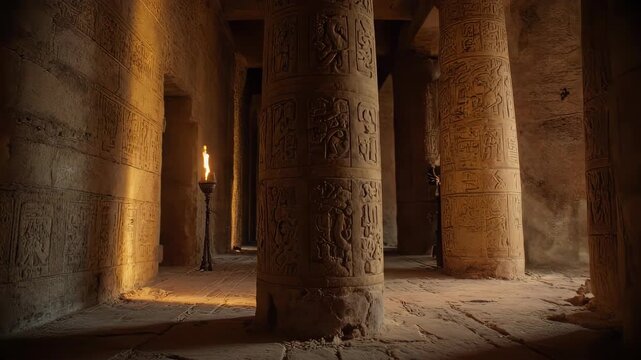 Ancient Egyptian Temple Interior: Lit Pillars, Carvings, and Mystery