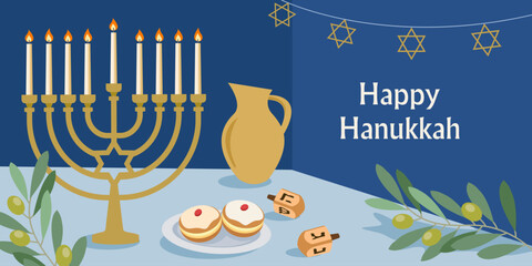 Design for the Jewish holiday of Hanukkah, Hanukkah symbols menorah, spinning top, donuts. Perfect for greeting cards, banners, posters, etc. Vector illustration	