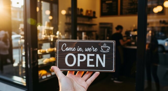 A wooden Open sign with a coffee cup illustration, held up in front of a cafe window with sunlight streaming in. - Powered by Adobe