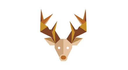 Geometric reindeer head with red nose and brown and gold antlers on a white background