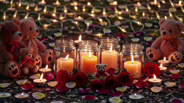 candlelit remembrance: flowers, teddy bears, and quiet mourning scene | memorial, loss, reflection, sympathy, tribute theme