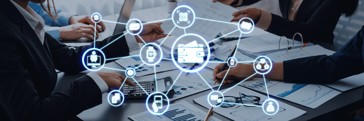 Digital wallet icons show mobile payment, digital wallet transfer, and online banking. Digital wallet supports secure payment, cashless transactions, and financial integration. Entice