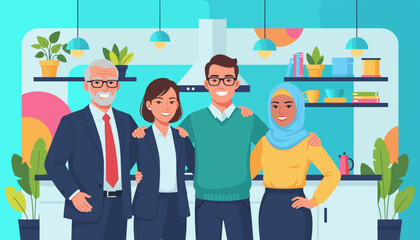 Diverse multigenerational team posing happily in a bright modern interior