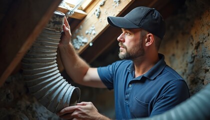 Man in baseball cap checks flexible vent pipe in attic space. HVAC technician works on air duct repair and installation. Male worker inspects building ventilation system, doing home maintenance.