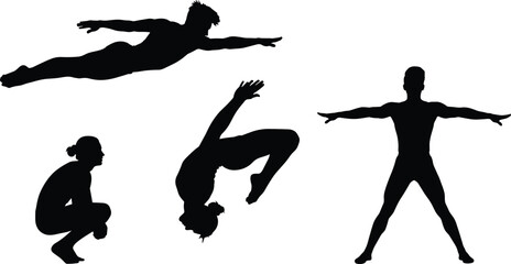 Dynamic Gymnastics and Acrobatic Poses Vector Silhouette Set, Male and Female Athletes Performing Stunts, Fitness, Diving, and Movement Collection for Active Design Projects