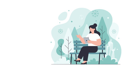 Woman sitting on a park bench using a tablet in a cool stylized natural winter environment