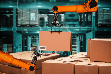 Smart robot arm system for innovative warehouse and factory digital technology . Automation manufacturing robot controlled by industry engineering using IOT software connected to internet network .