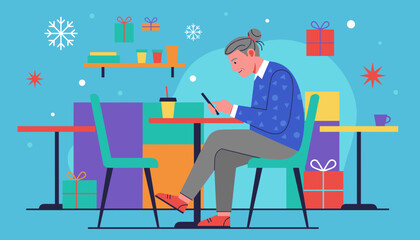 Elderly person using phone in winter cafe setting surrounded by holiday gifts Digital communication