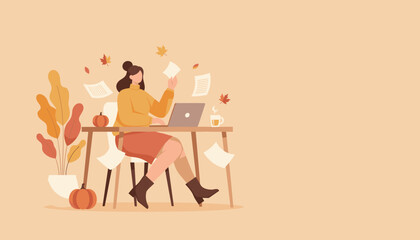 Woman working on laptop in cozy autumn home office setting flat vector illustration