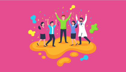 Obraz premium Diverse team celebrating success raising arms in victory with confetti on a vibrant background